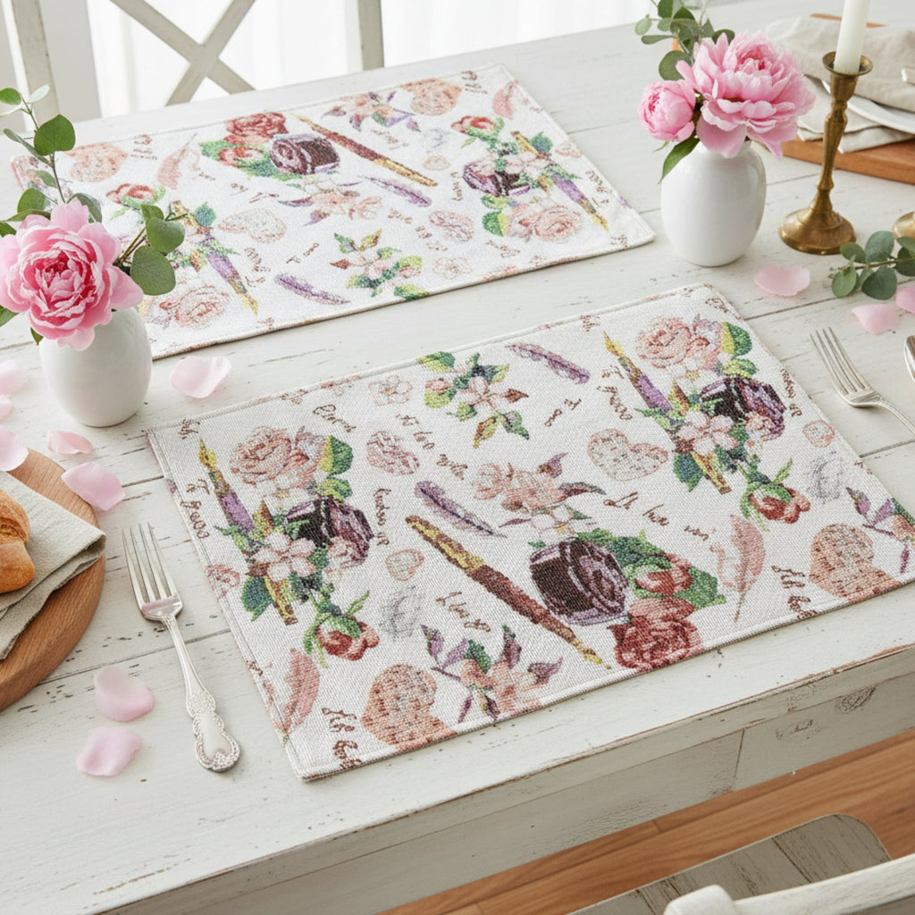 DaDa Bedding Set of 4-Pieces Sweet Love Notes Pink Floral Tapestry Dining Table Placemats 13” x 19”