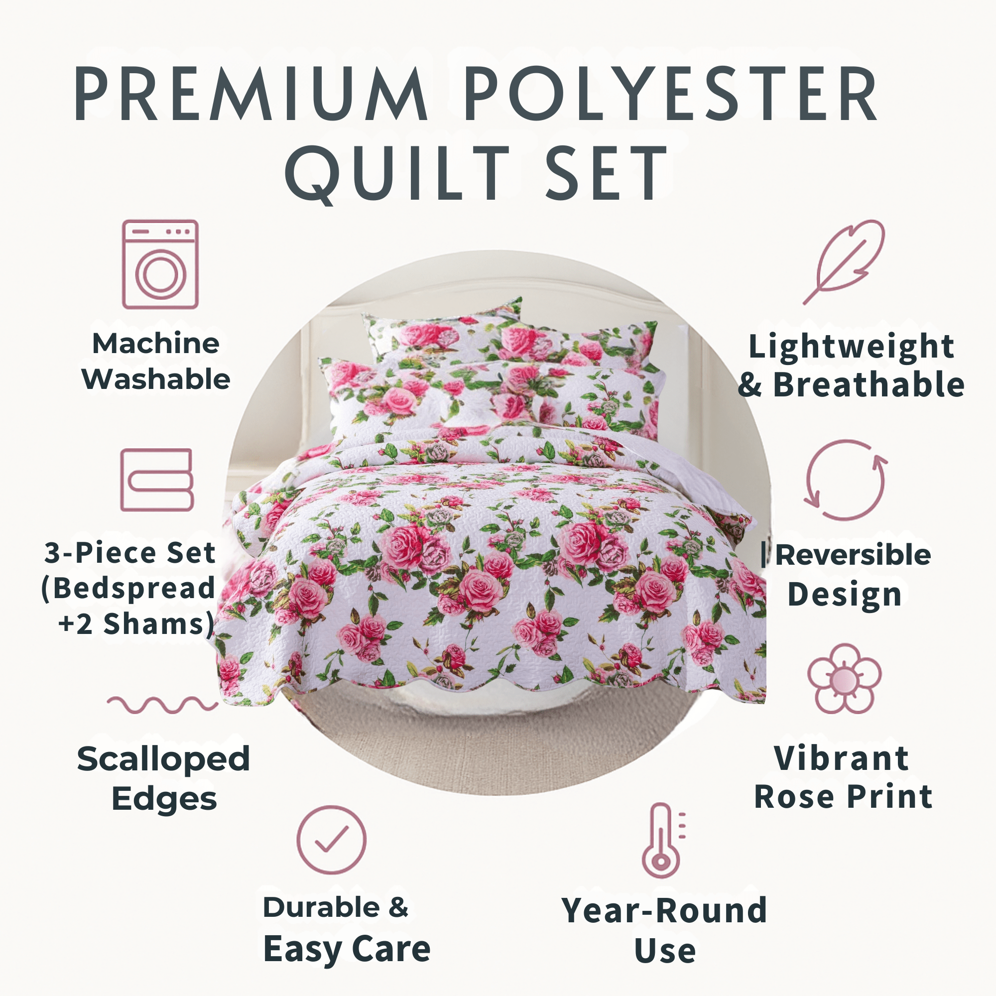 DaDa Bedding Romantic Roses Lovely Spring Pink Floral Quilted Scalloped Bedspread Set (JHW879)