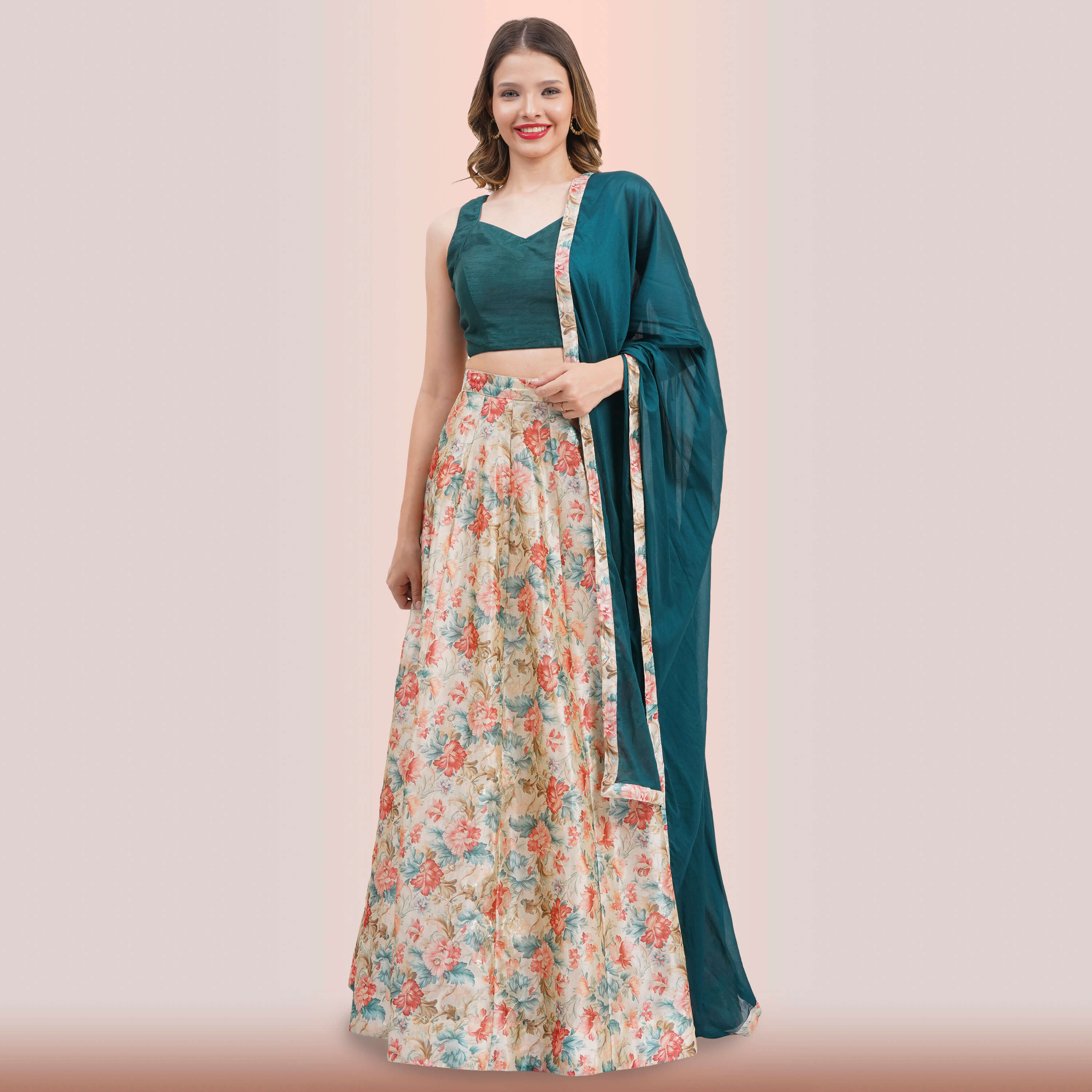 Vibrant Floral Lehenga Choli & Green Dupatta