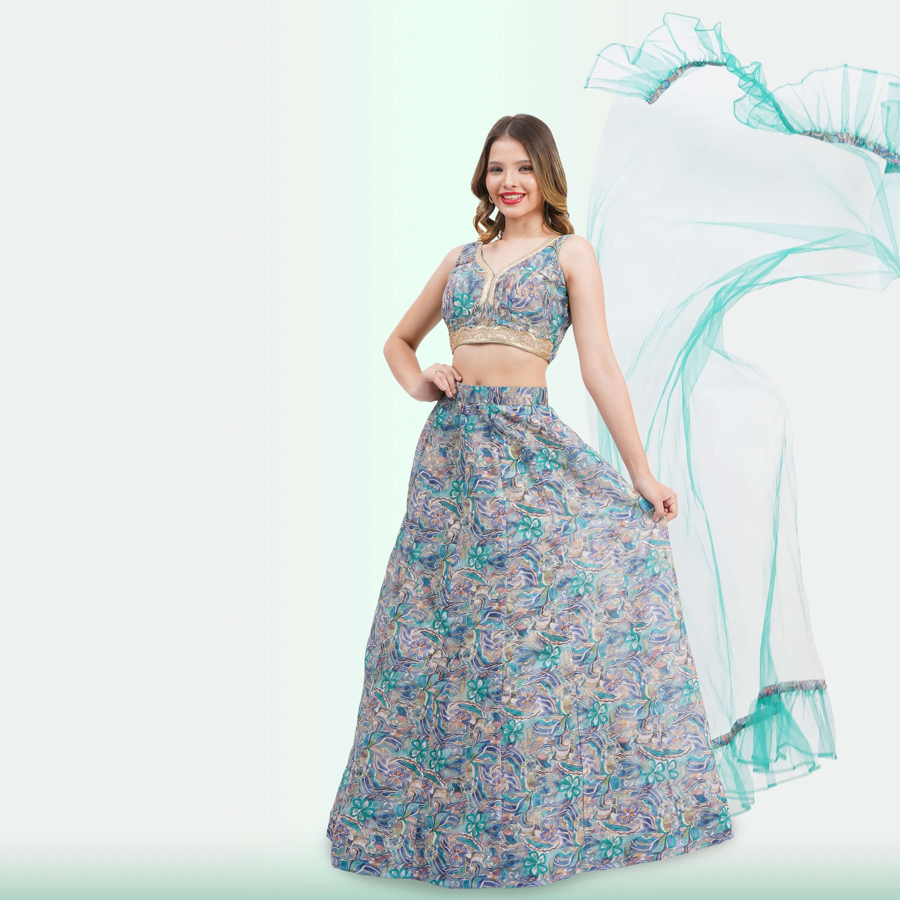 Vibrant Floral Lehenga Choli & Ruffle Dupatta