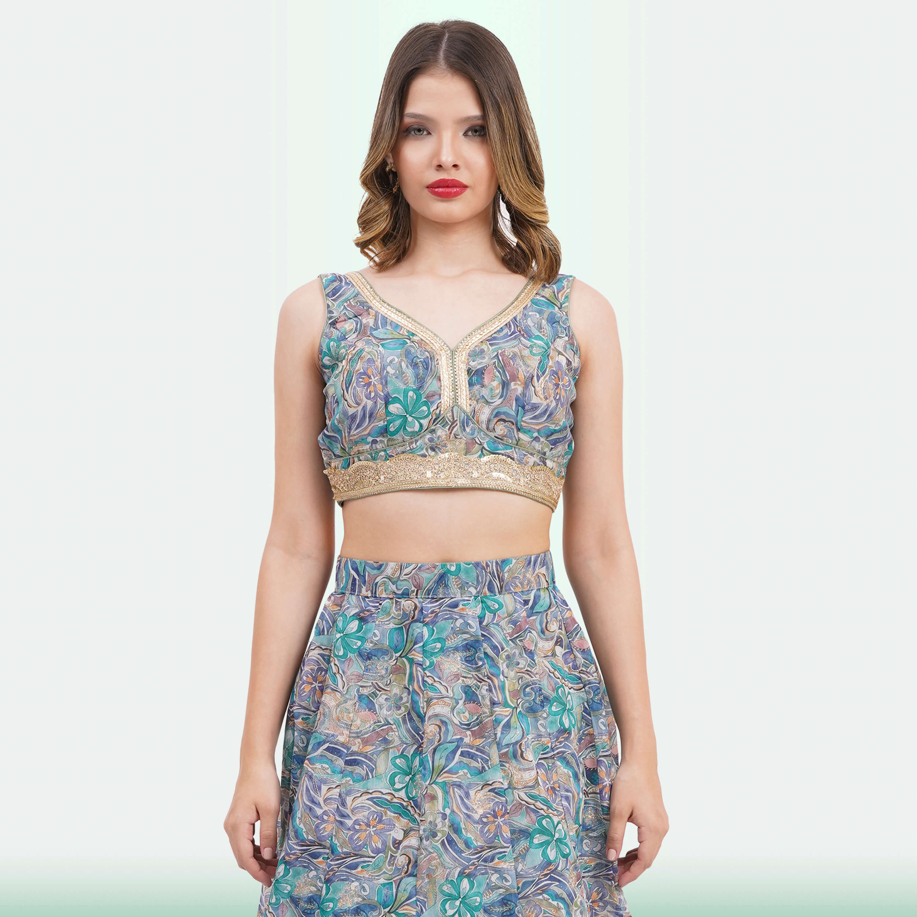 Vibrant Floral Lehenga Choli & Ruffle Dupatta