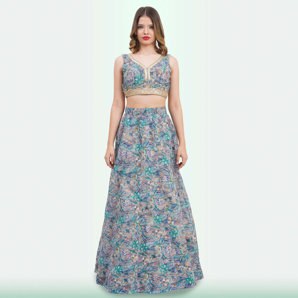 Vibrant Floral Lehenga Choli & Ruffle Dupatta