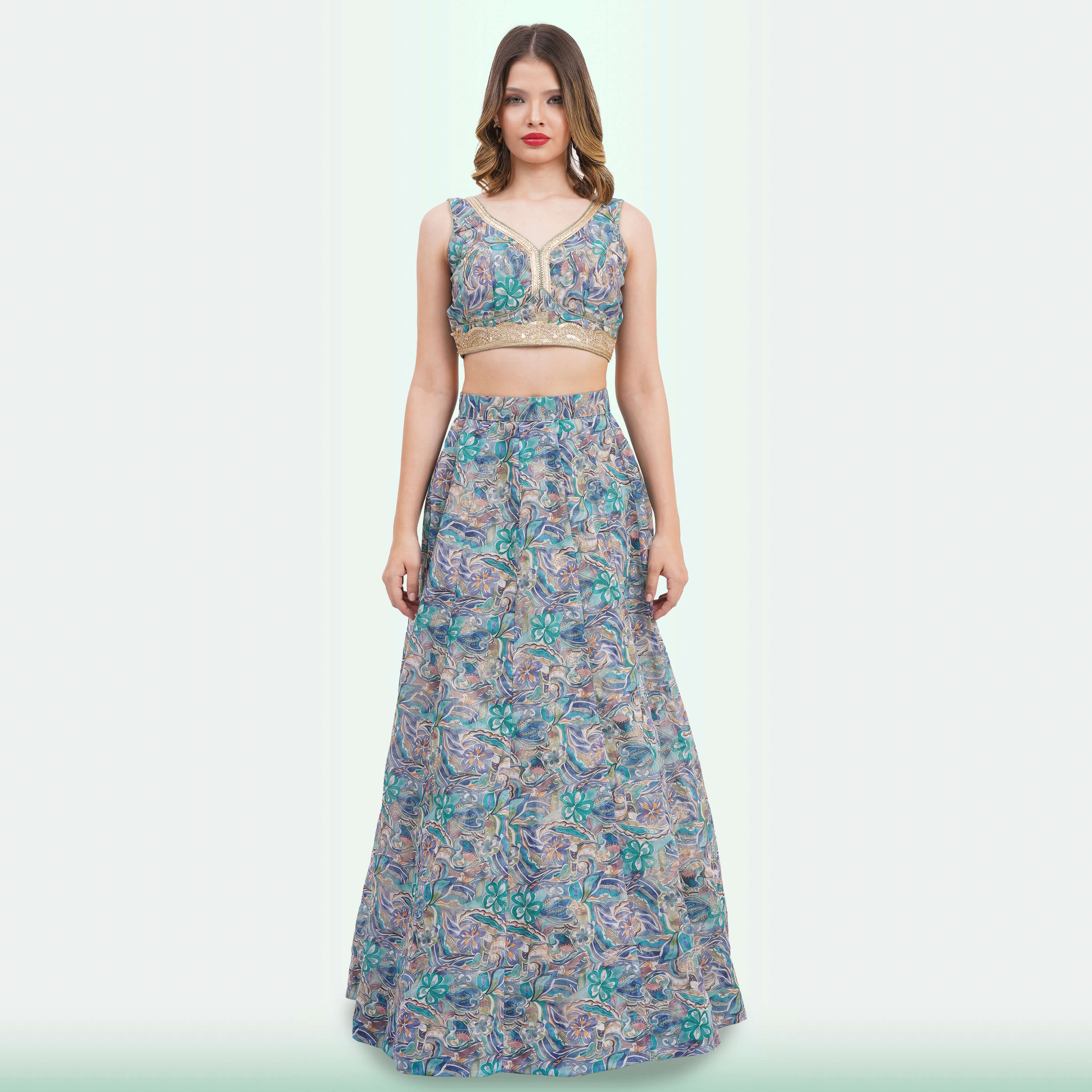 Vibrant Floral Lehenga Choli & Ruffle Dupatta