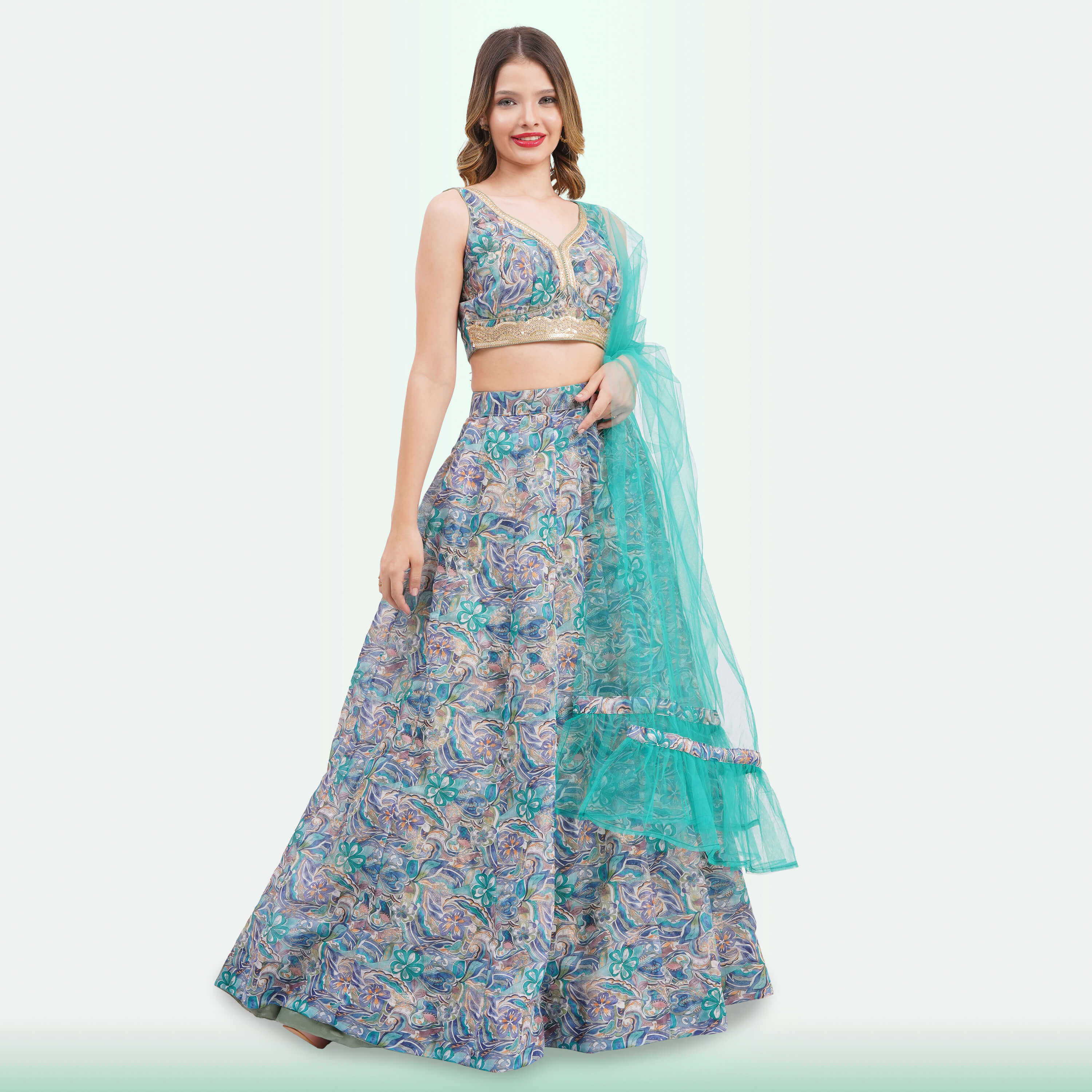 Vibrant Floral Lehenga Choli & Ruffle Dupatta