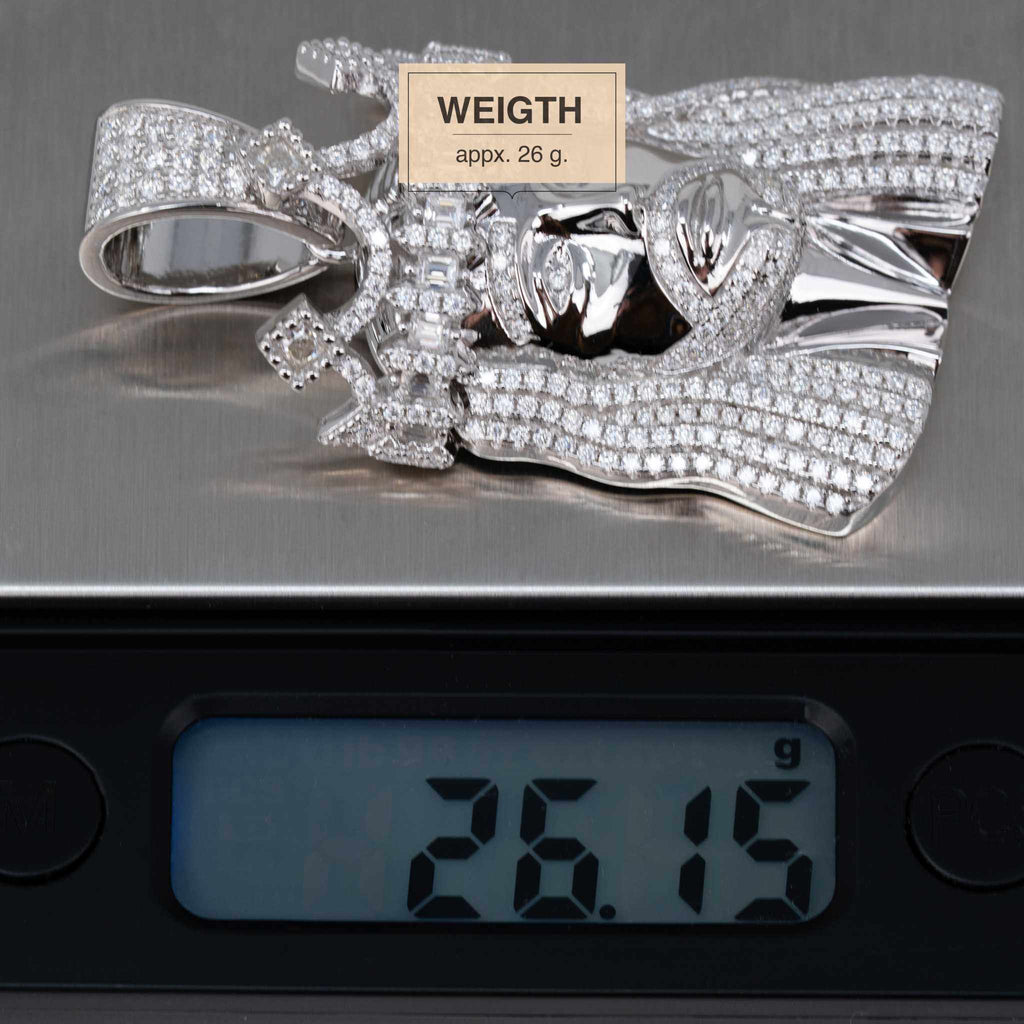 Moissanite Iced King Crown Jesus Head Piece Pendant - 925 Sterling Silver