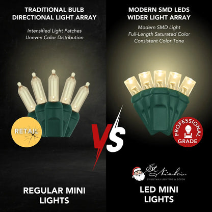 LED Mini Lights 5MM Warm White Static Green Wire 4" Spacing