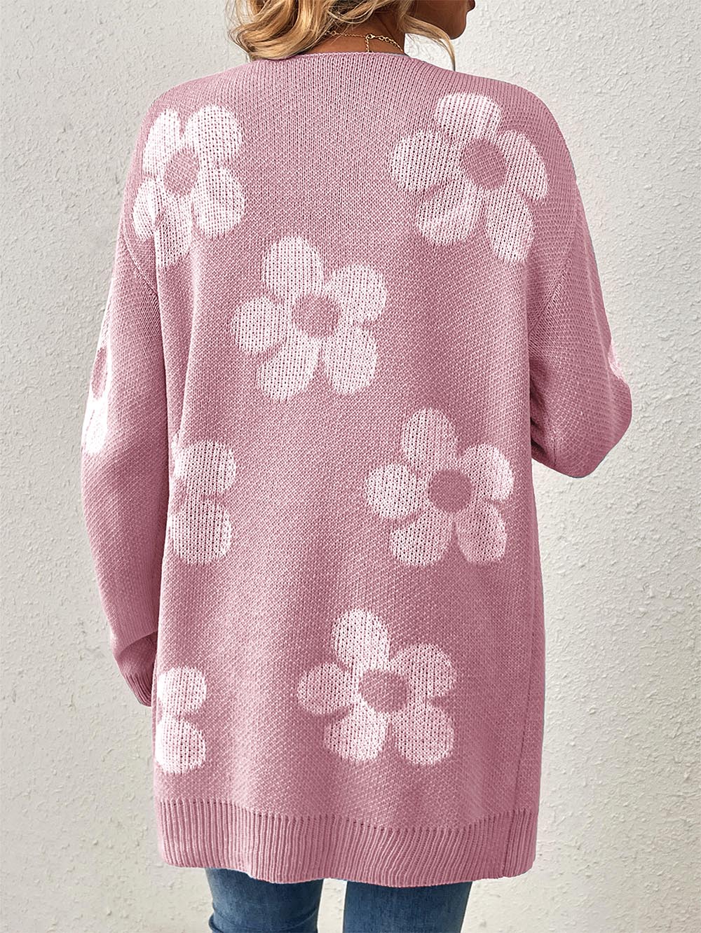 Women's Mid-Length Floral V-Neck Long Sleeve Knit Cardigan | NCS