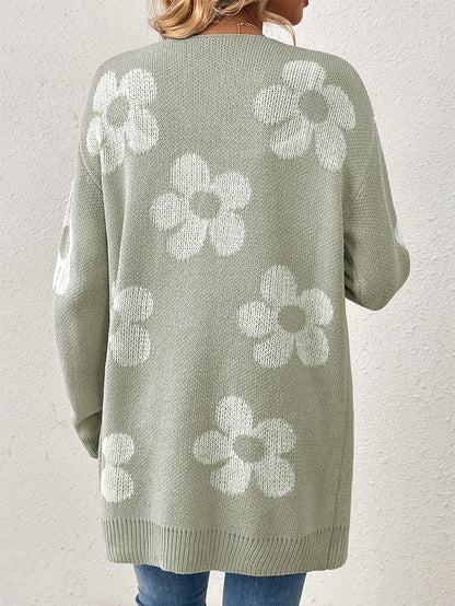 Women's Mid-Length Floral V-Neck Long Sleeve Knit Cardigan | NCS