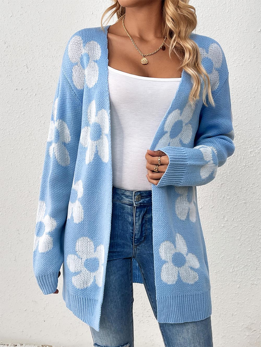 Women's Mid-Length Floral V-Neck Long Sleeve Knit Cardigan | NCS