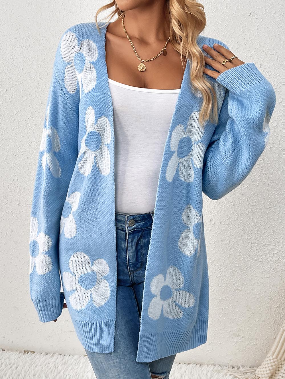 Women's Mid-Length Floral V-Neck Long Sleeve Knit Cardigan | NCS