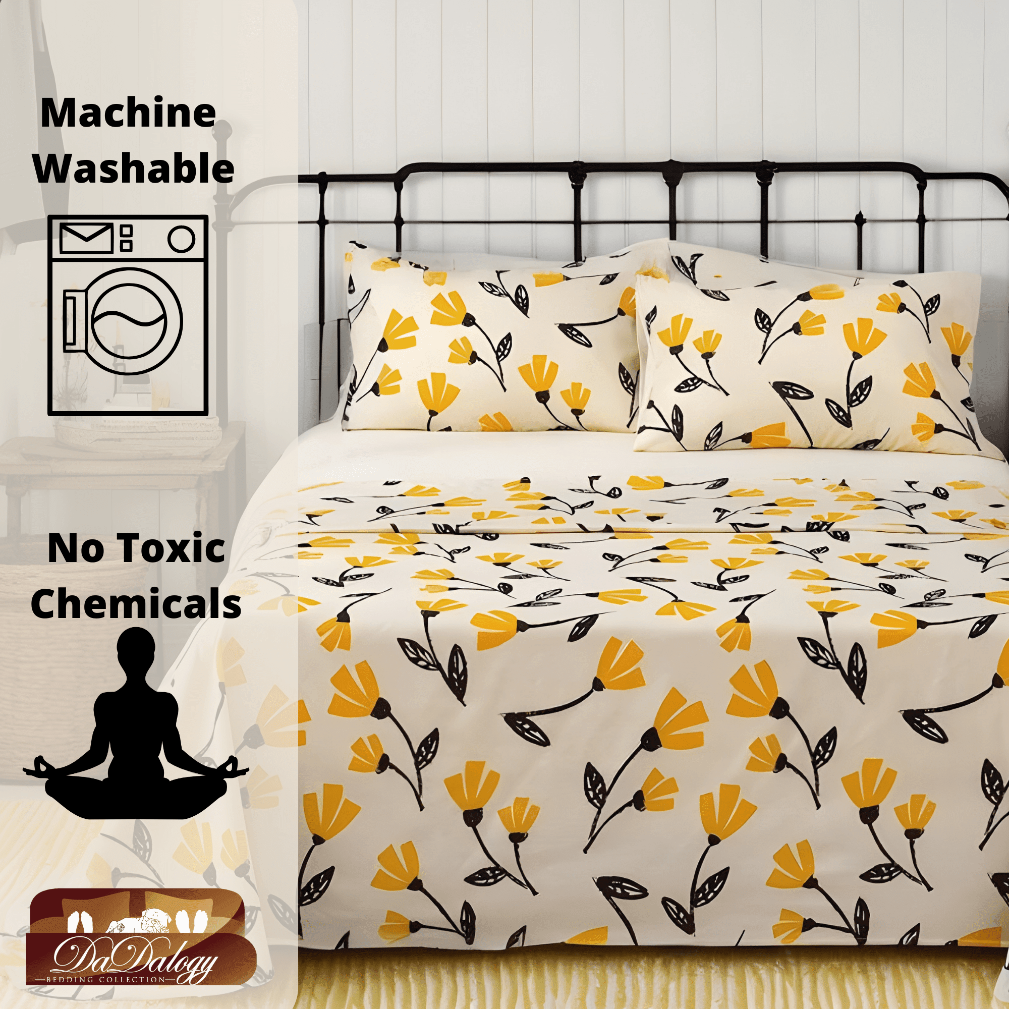 DaDa Bedding Yellow Fleur Golden Orange Floral Ivory Fitted & Flat Bed Sheets Set (18112)