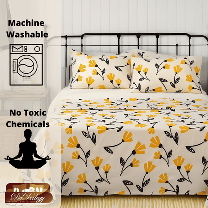 DaDa Bedding Yellow Fleur Golden Orange Floral Ivory Fitted & Flat Bed Sheets Set (18112)