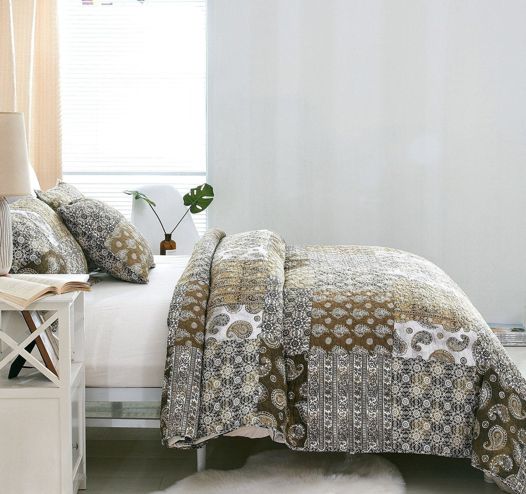 DaDa Bedding Bohemian Olive Brown Moroccan Paisley Floral Filigree Patchwork Cotton Bedspread Set (JHW-885)