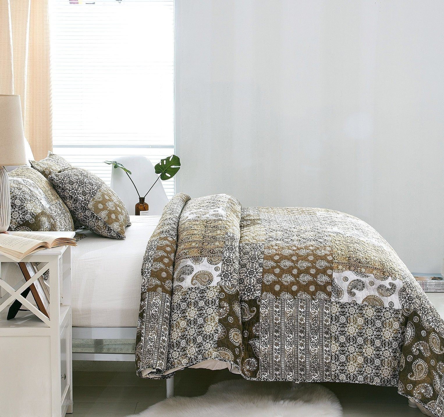 DaDa Bedding Bohemian Olive Brown Moroccan Paisley Floral Filigree Patchwork Cotton Bedspread Set (JHW-885)