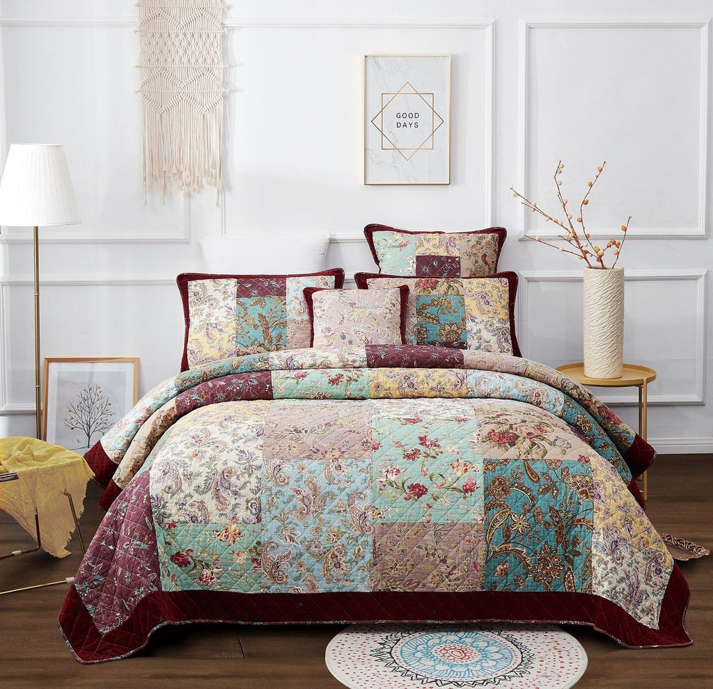 DaDa Bedding Bohemian Burgundy Red Velvet Trim Floral Paisley Patchwork Cotton Bedspread Set (JHW-868)