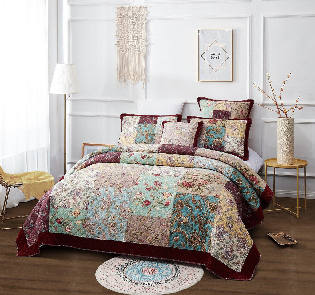 DaDa Bedding Bohemian Burgundy Red Velvet Trim Floral Paisley Patchwork Cotton Bedspread Set (JHW-868)