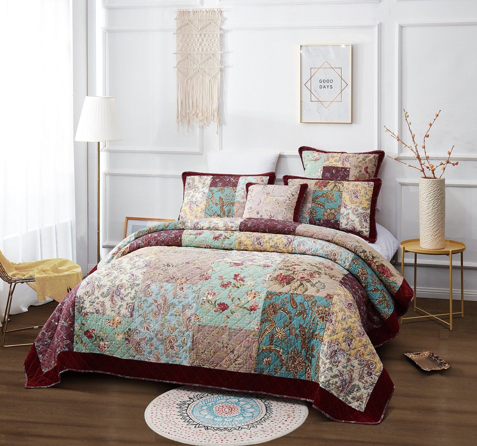 DaDa Bedding Bohemian Burgundy Red Velvet Trim Floral Paisley Patchwork Cotton Bedspread Set (JHW-868)