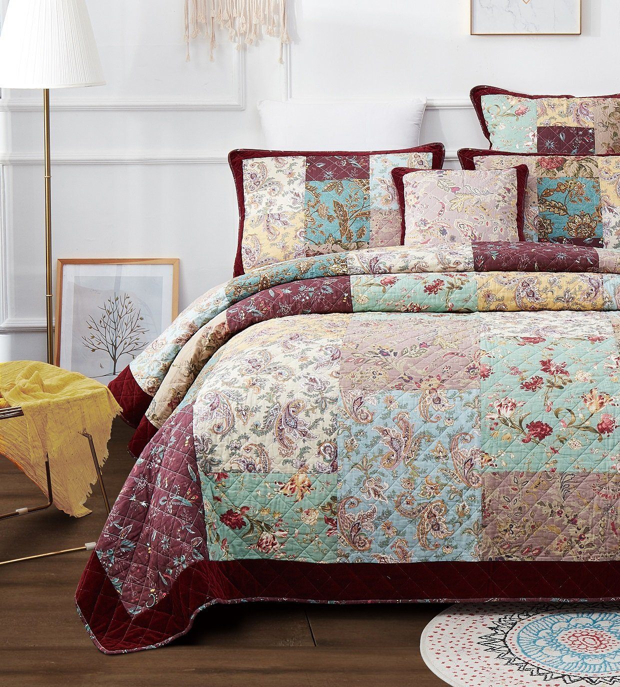 DaDa Bedding Bohemian Burgundy Red Velvet Trim Floral Paisley Patchwork Cotton Bedspread Set (JHW-868)