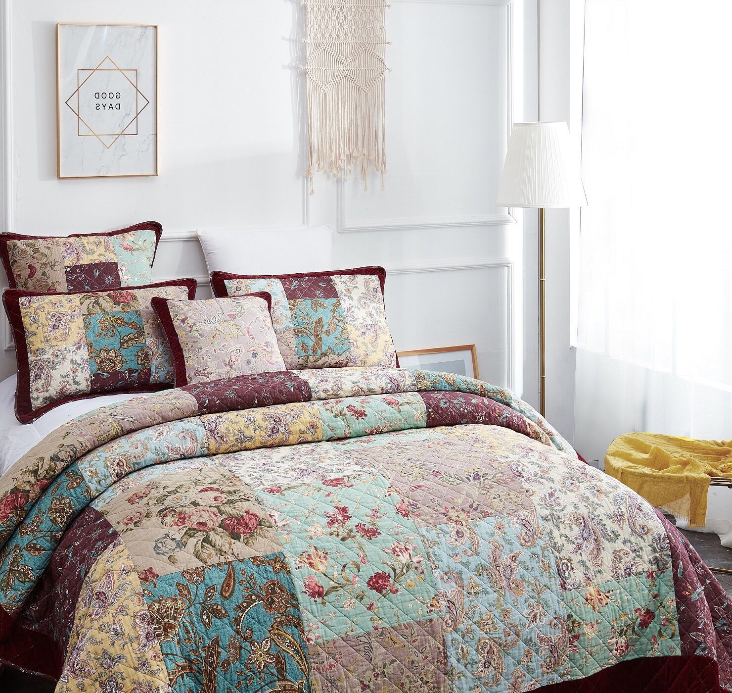 DaDa Bedding Bohemian Burgundy Red Velvet Trim Floral Paisley Patchwork Cotton Bedspread Set (JHW-868)