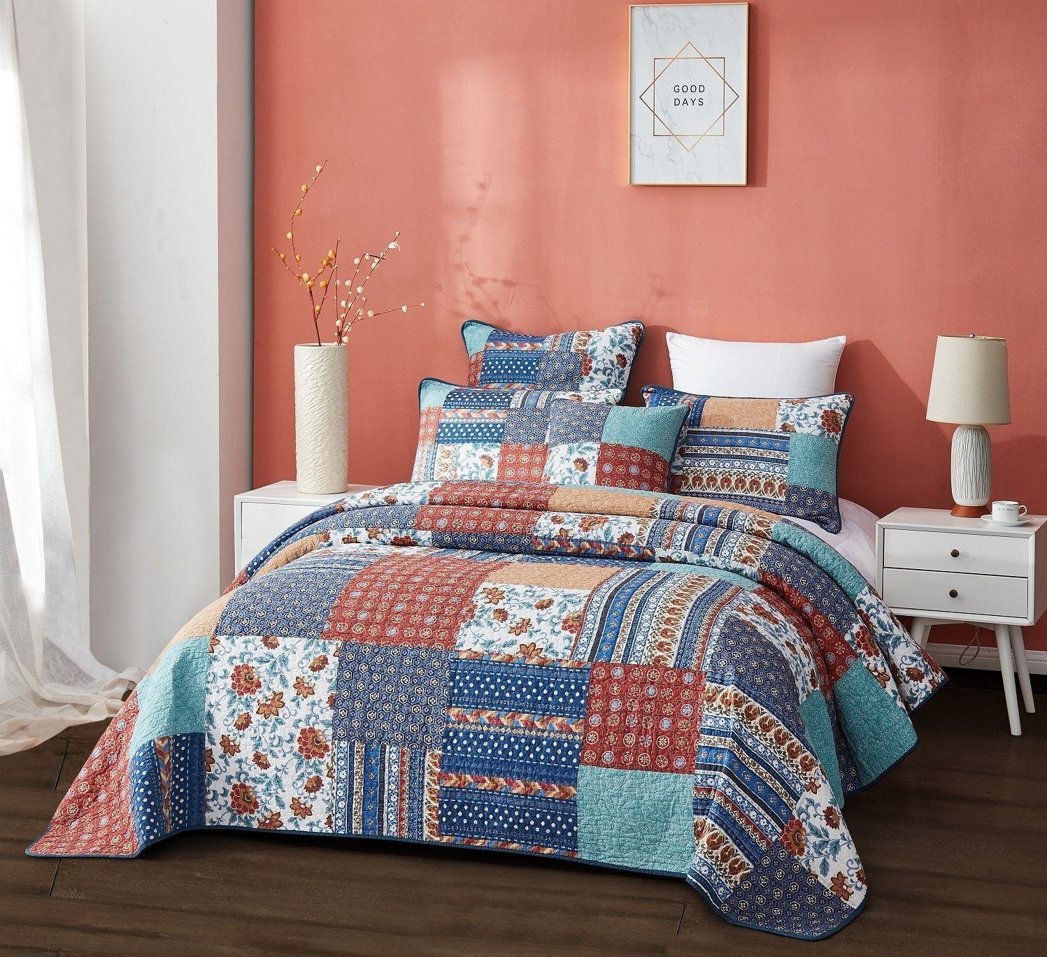 DaDa Bedding Bohemian Vibes Mediterranean Blue Floral Patchwork Quilted Bedspread Set  (JHW878)