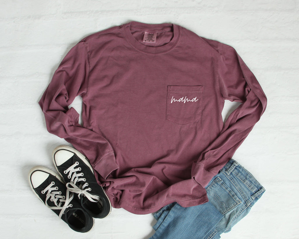 Comfort Colors Mama mom Pocket Long Sleeve Shirt (cursive 1)
