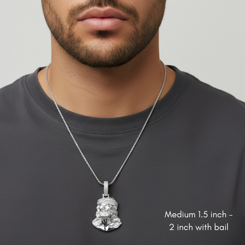 Moissanite Jesus Head Piece Pendant - Solid 925 Sterling Silver
