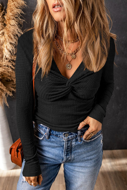 Alice Textured Twist Front V Neck Long Sleeve Top
