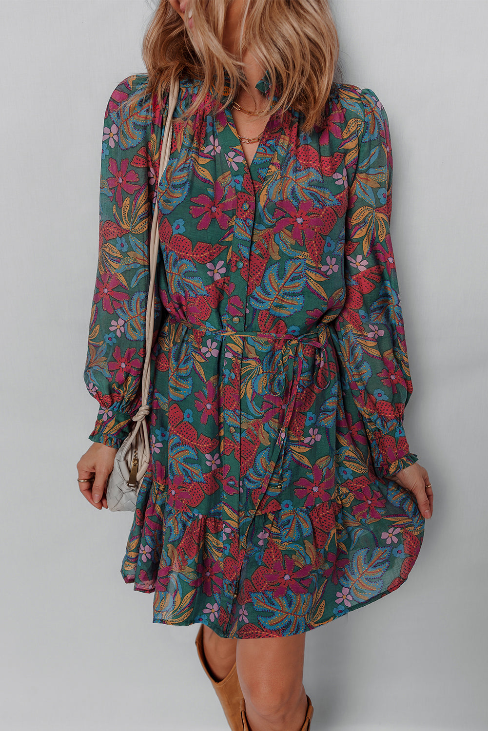 Maria Floral V Neck Puff Sleeve Dress