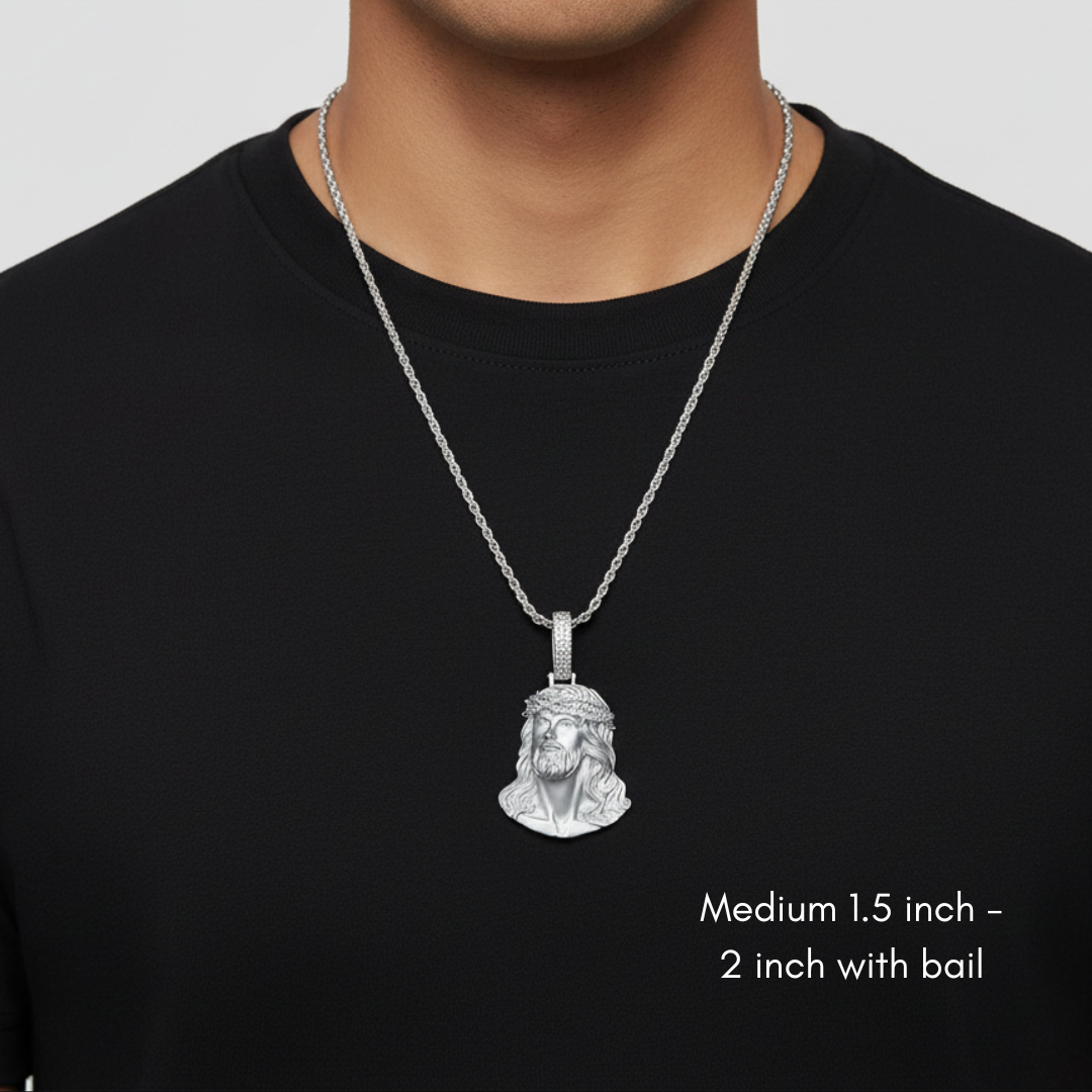 Moissanite Jesus Head Piece Pendant - Solid 925 Sterling Silver Matte Sandblasted Finish
