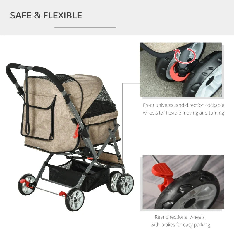Pet Foldable Travel Carriage Stroller with Reversible Handle