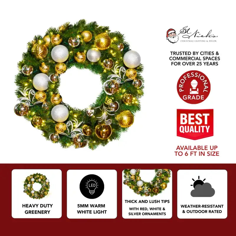 Pre-Decorated Christmas Wreath with Warm White Lights Gold/Silver