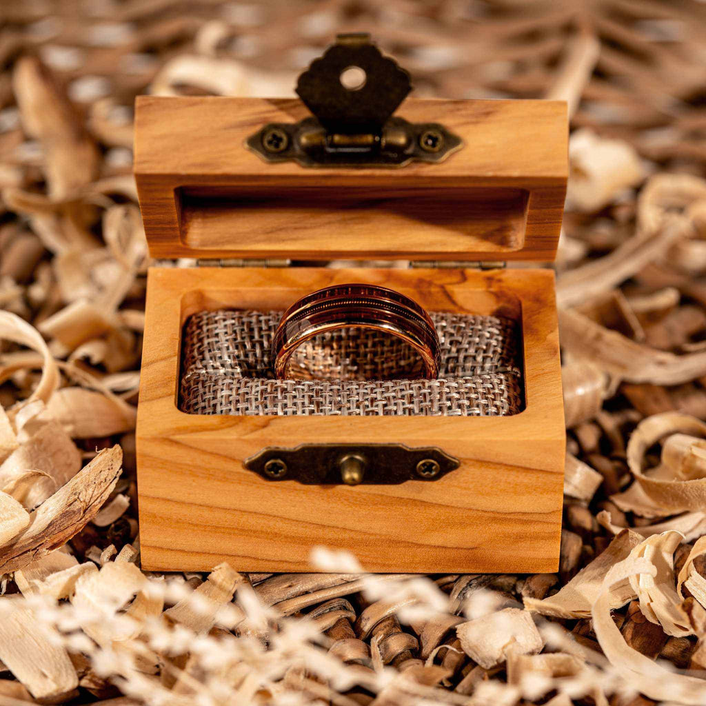 Guitar String Whiskey Barrel Wood Ring - Rose Gold Band Tungsten