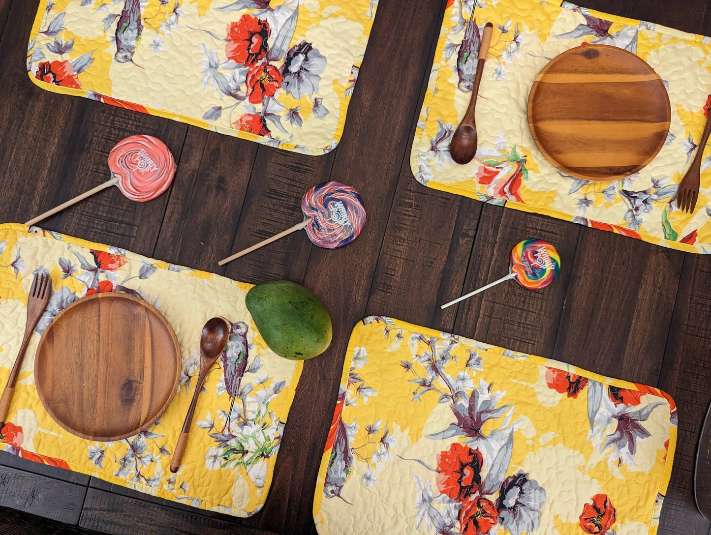 DaDa Bedding Radiant Sunshine Yellow Floral Dining Table Placemats - Set of 4-Pieces Quilted Hummingbirds Farmhouse Red Flowers - 13 x 19