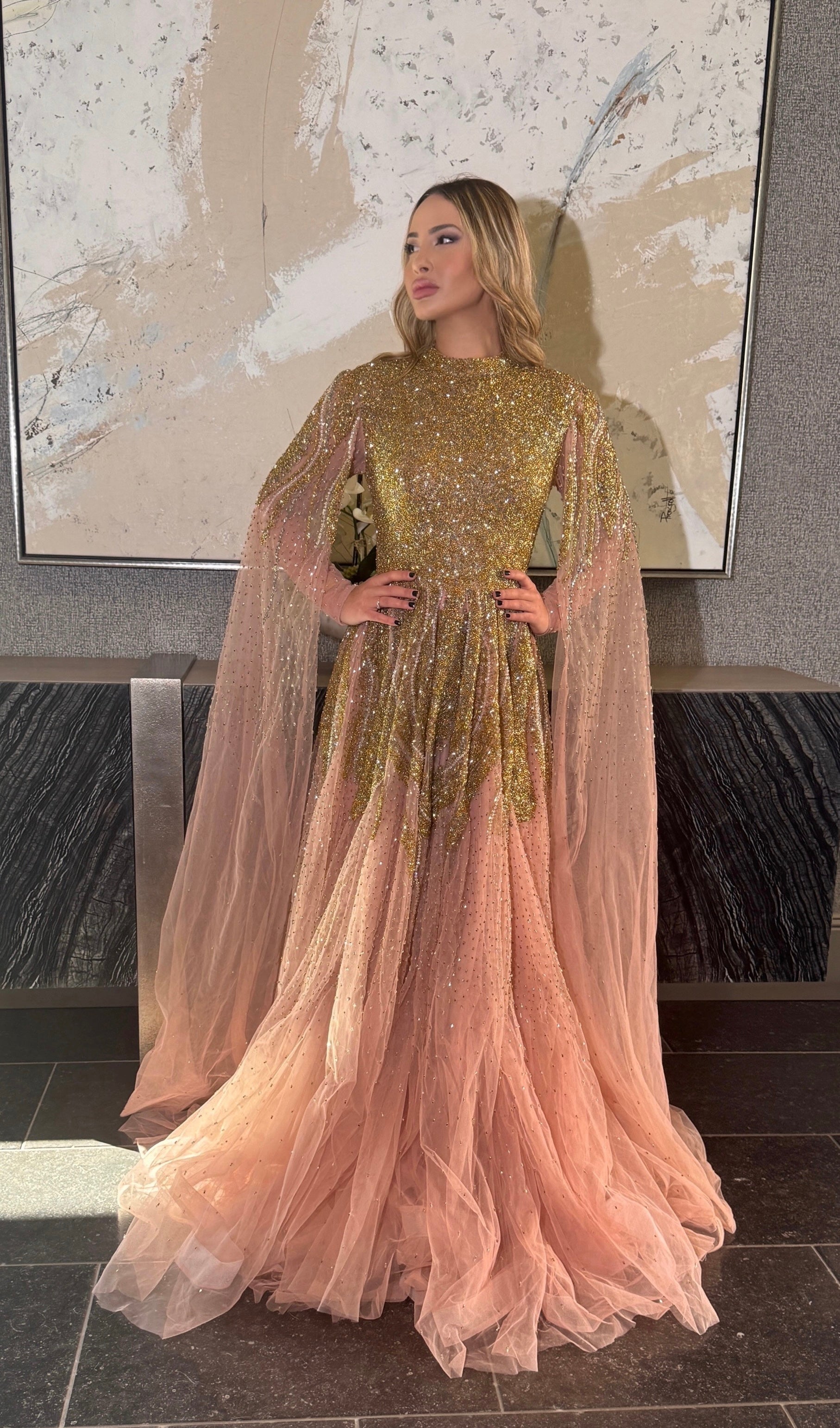 Arwa Modest Long Drape Sleeves Beaded A-line Gown