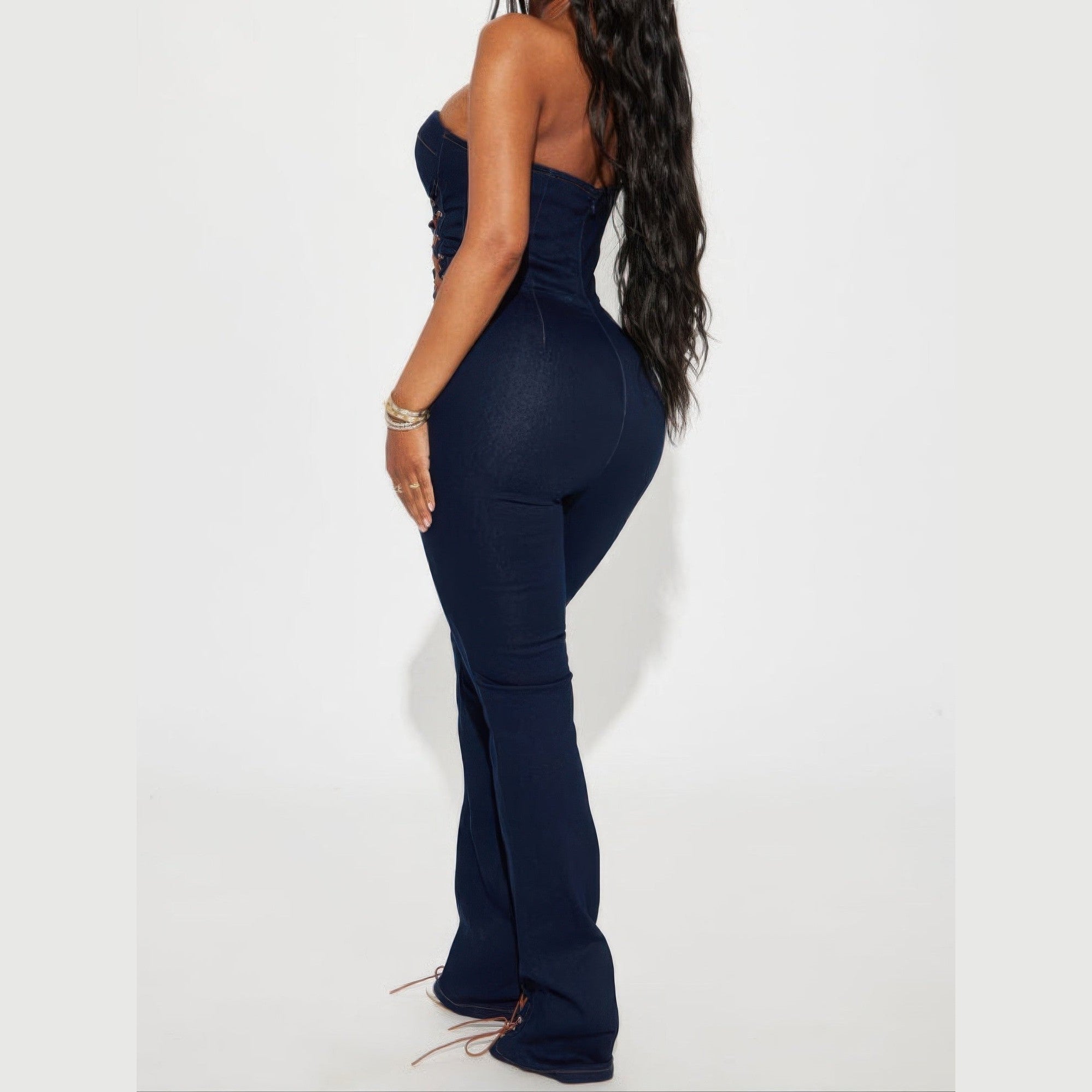 VacationGrabs Lace Up Denim Jumpsuit for Women