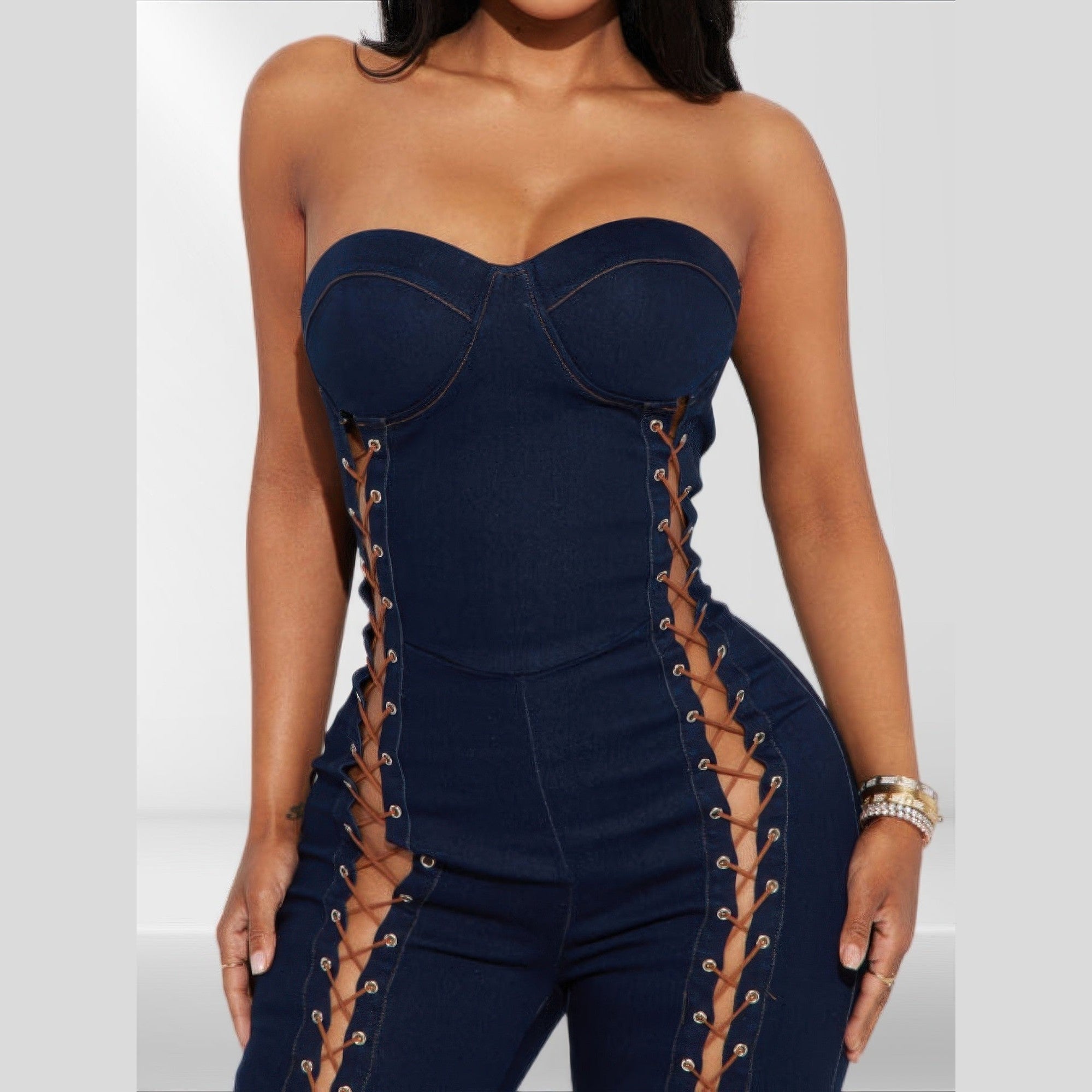 VacationGrabs Lace Up Denim Jumpsuit for Women