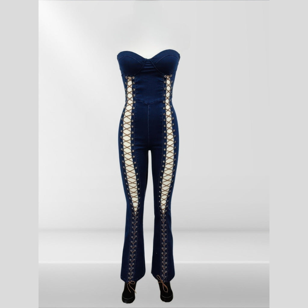 VacationGrabs Lace Up Denim Jumpsuit for Women
