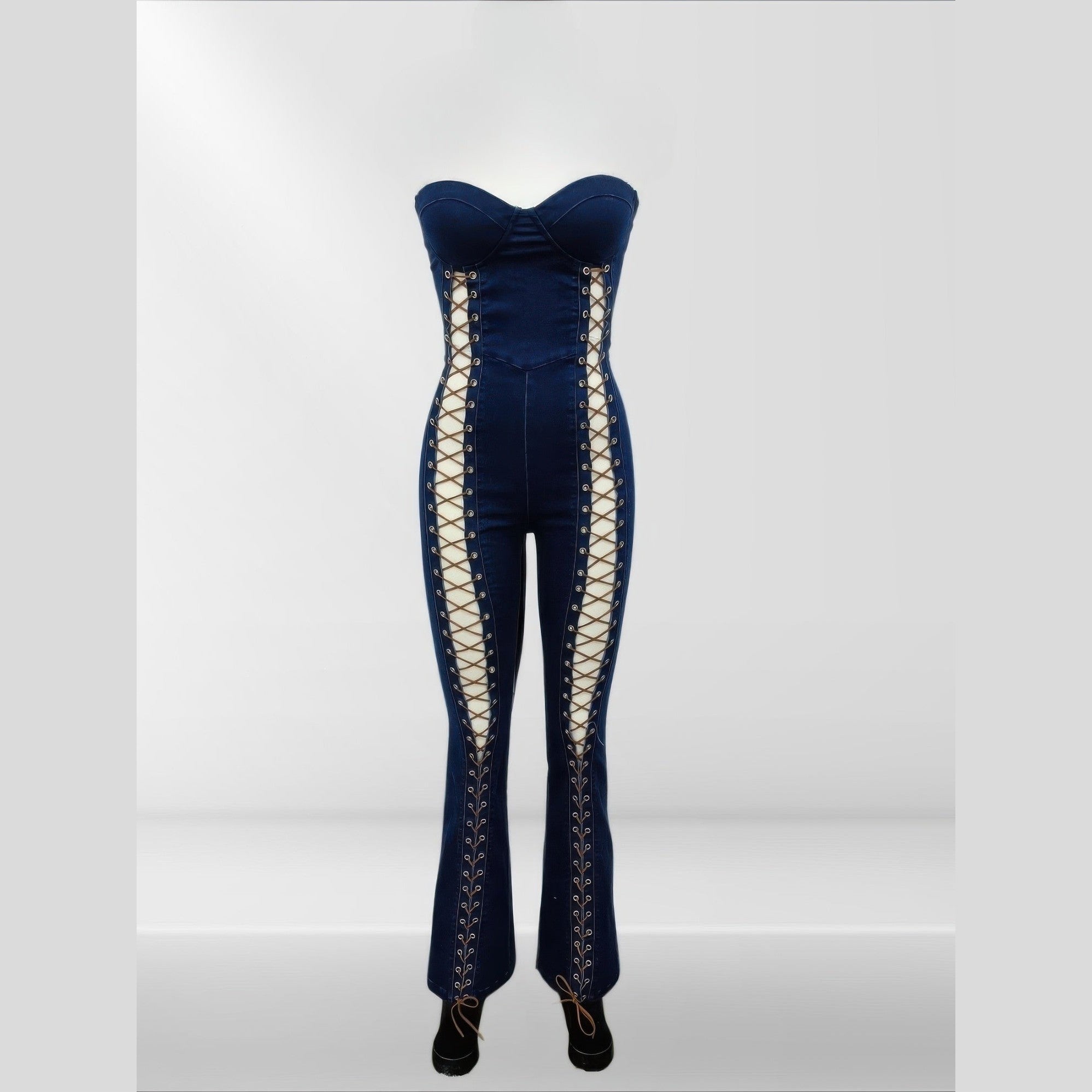 VacationGrabs Lace Up Denim Jumpsuit for Women