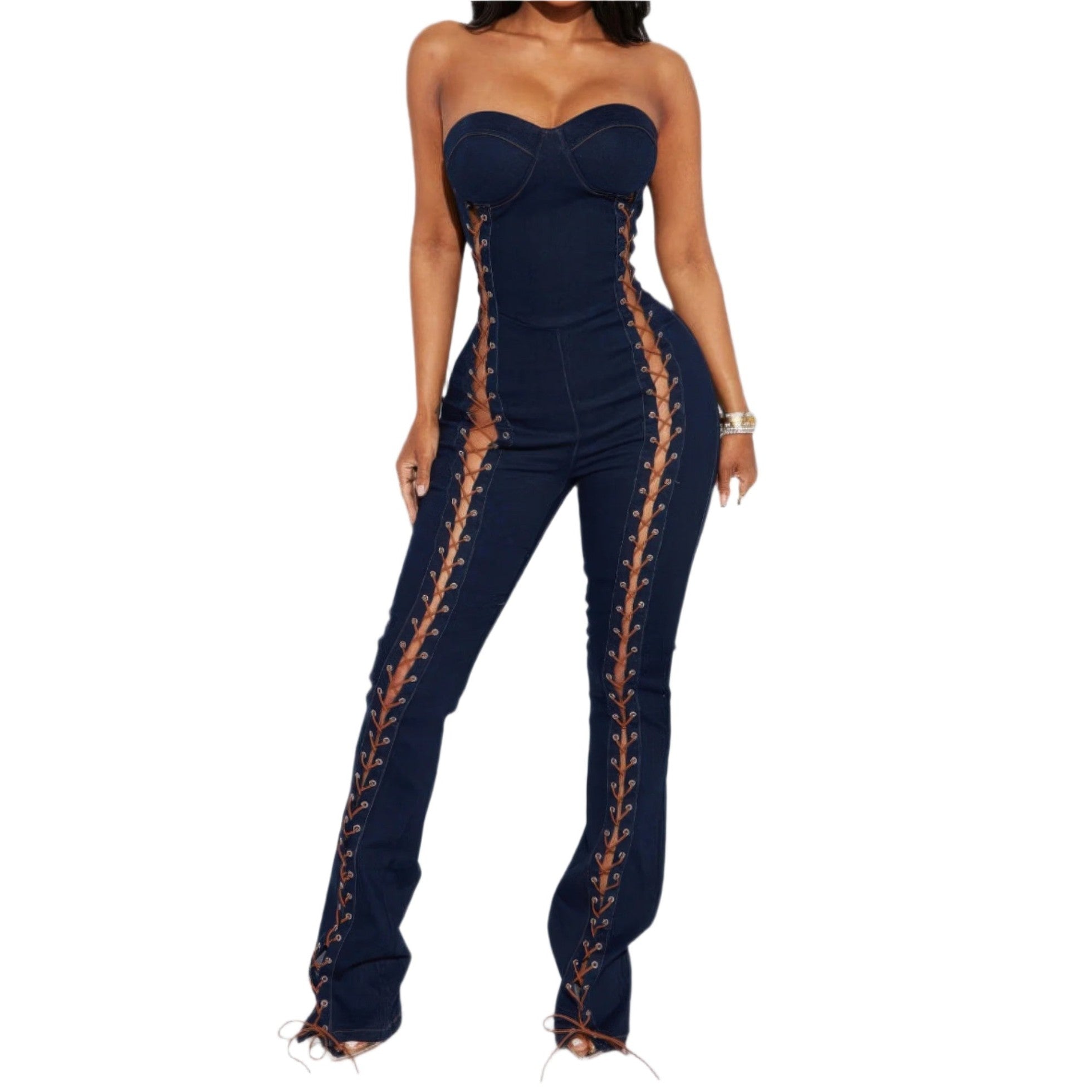 VacationGrabs Lace Up Denim Jumpsuit for Women