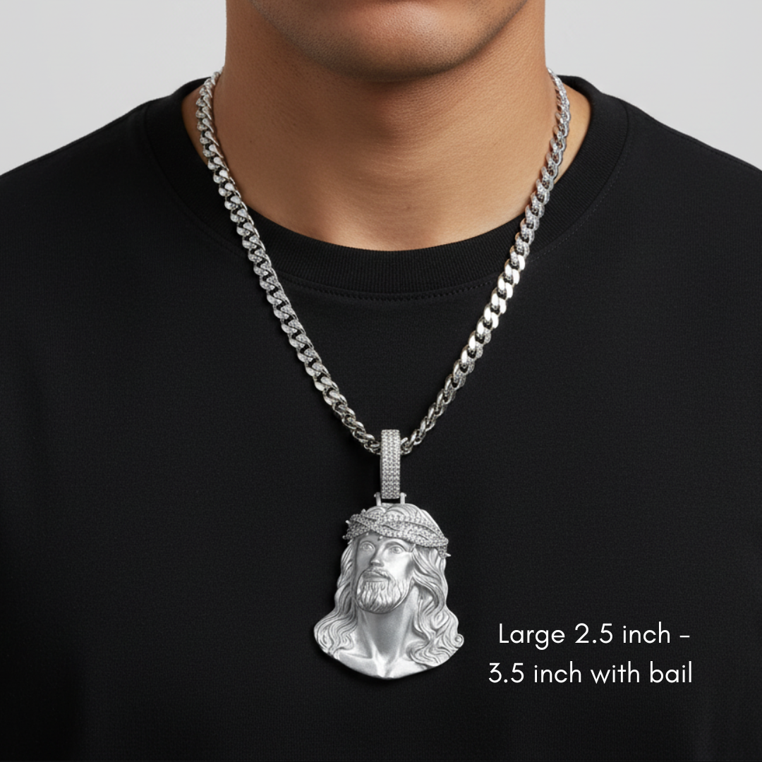 Moissanite Jesus Head Piece Pendant - Solid 925 Sterling Silver Matte Sandblasted Finish