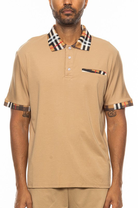 Mens Checkered Plaid Polo Shirt with Stylish Collar