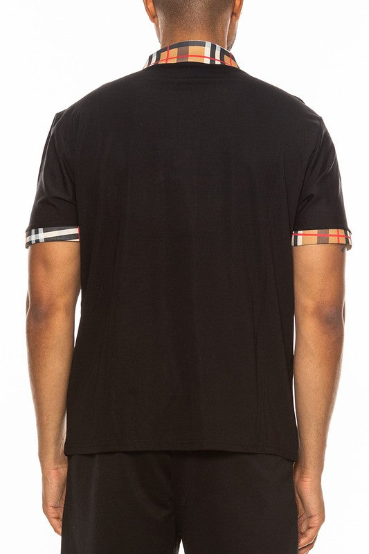 Mens Checkered Plaid Polo Shirt with Stylish Collar