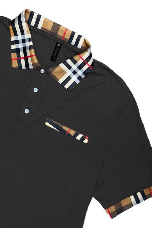 Mens Checkered Plaid Polo Shirt with Stylish Collar