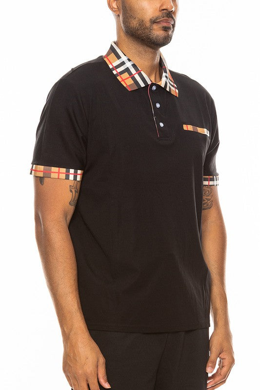 Mens Checkered Plaid Polo Shirt with Stylish Collar