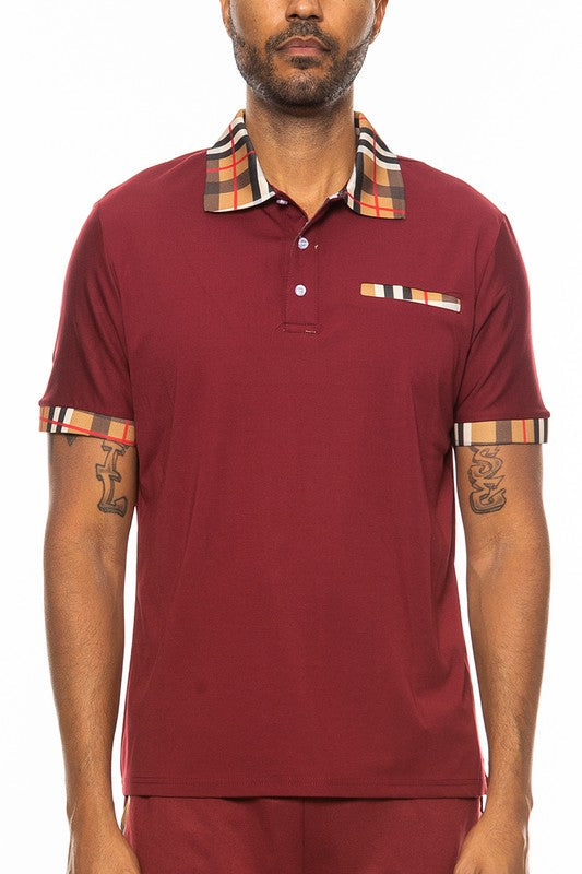 Mens Checkered Plaid Polo Shirt with Stylish Collar