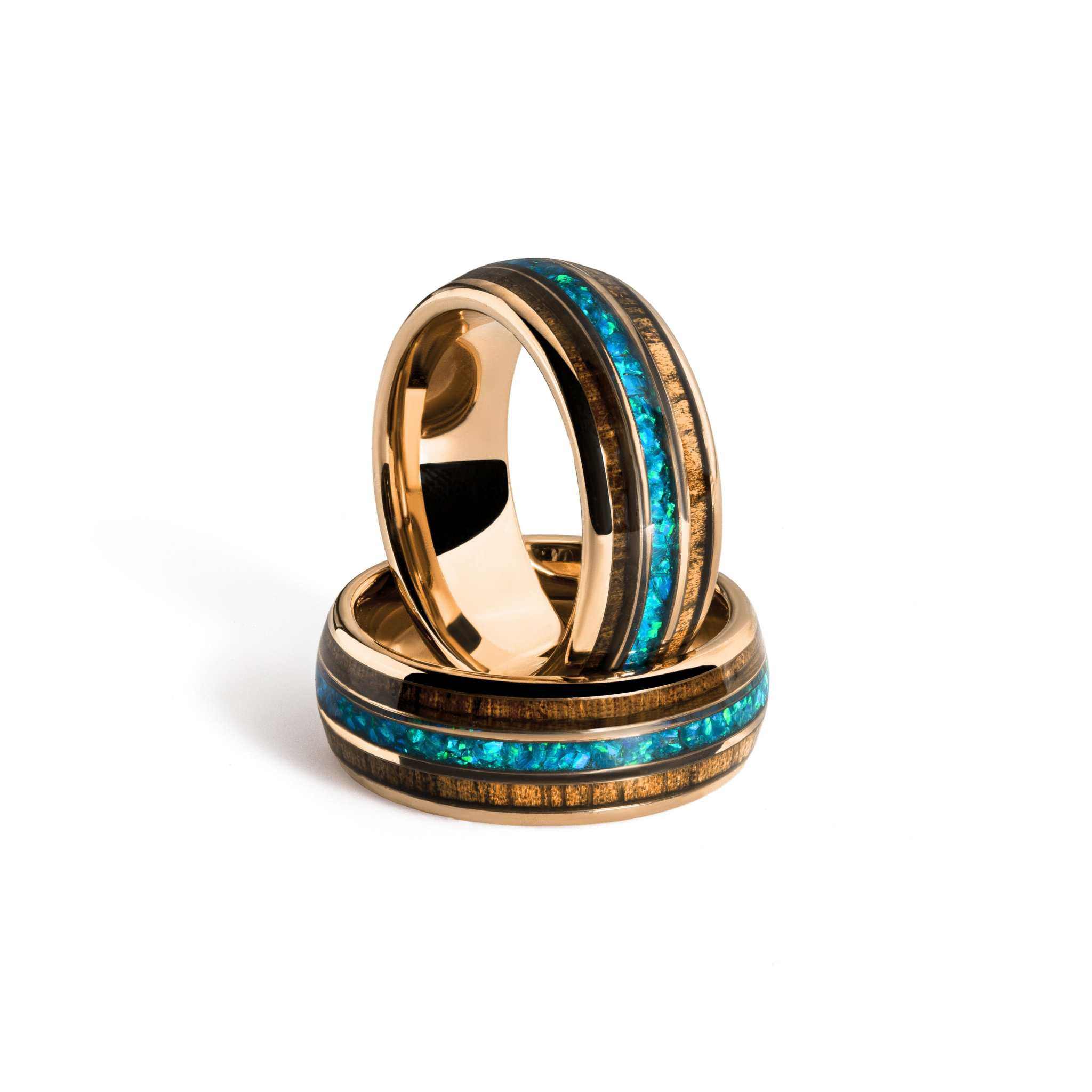 Opal Wood Inlay Rose Gold Tungsten Carbide Ring