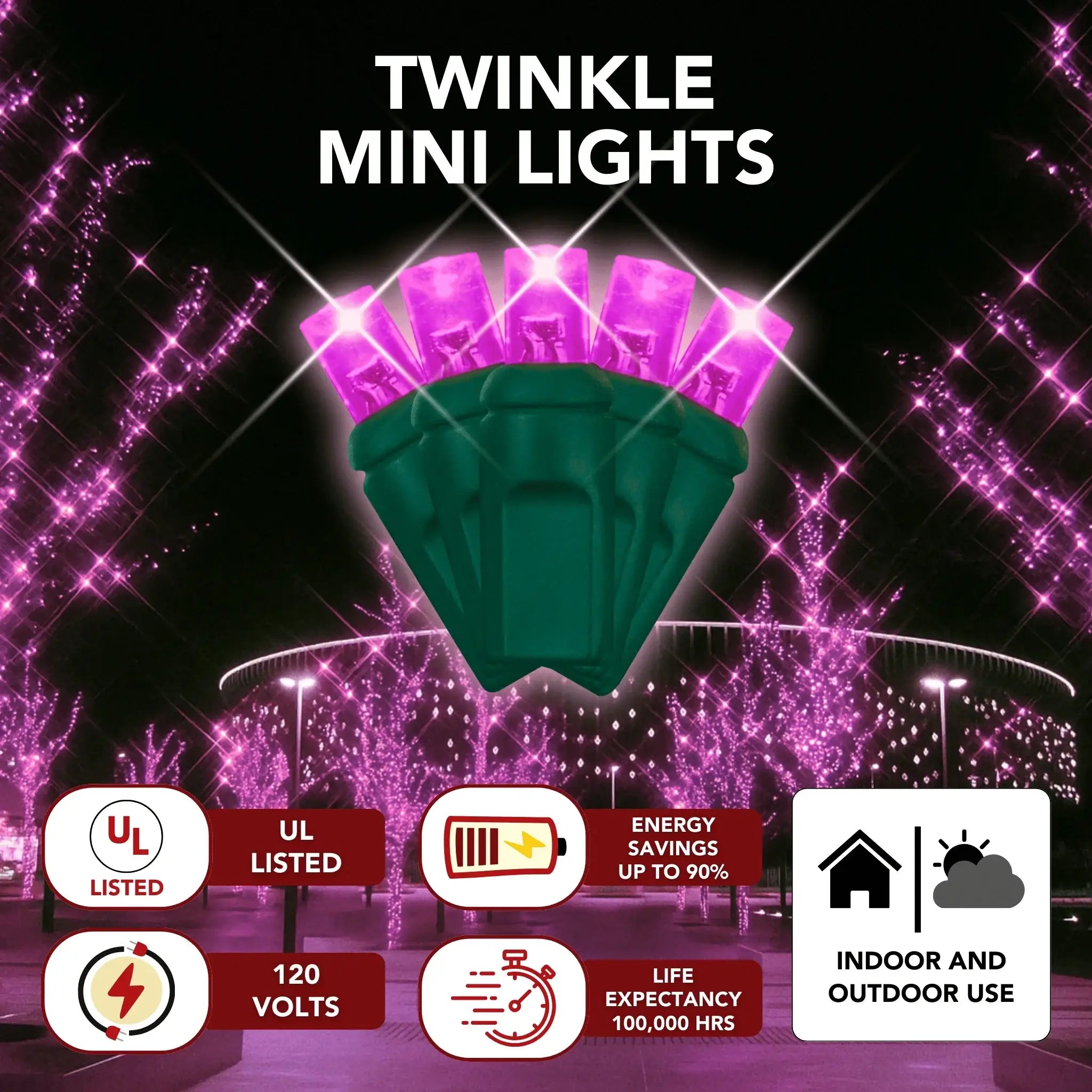 LED Mini Lights 5MM Pink Twinkle Green Wire - 6" Spacing