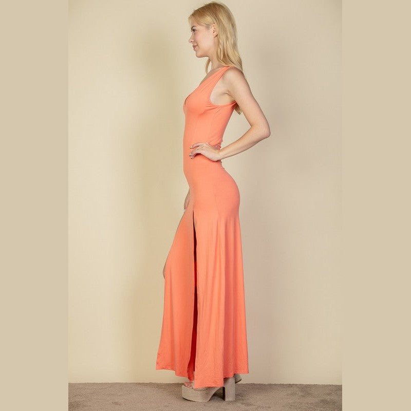 Capella Women's Plunge Neck Thigh Split Dress - Elegant