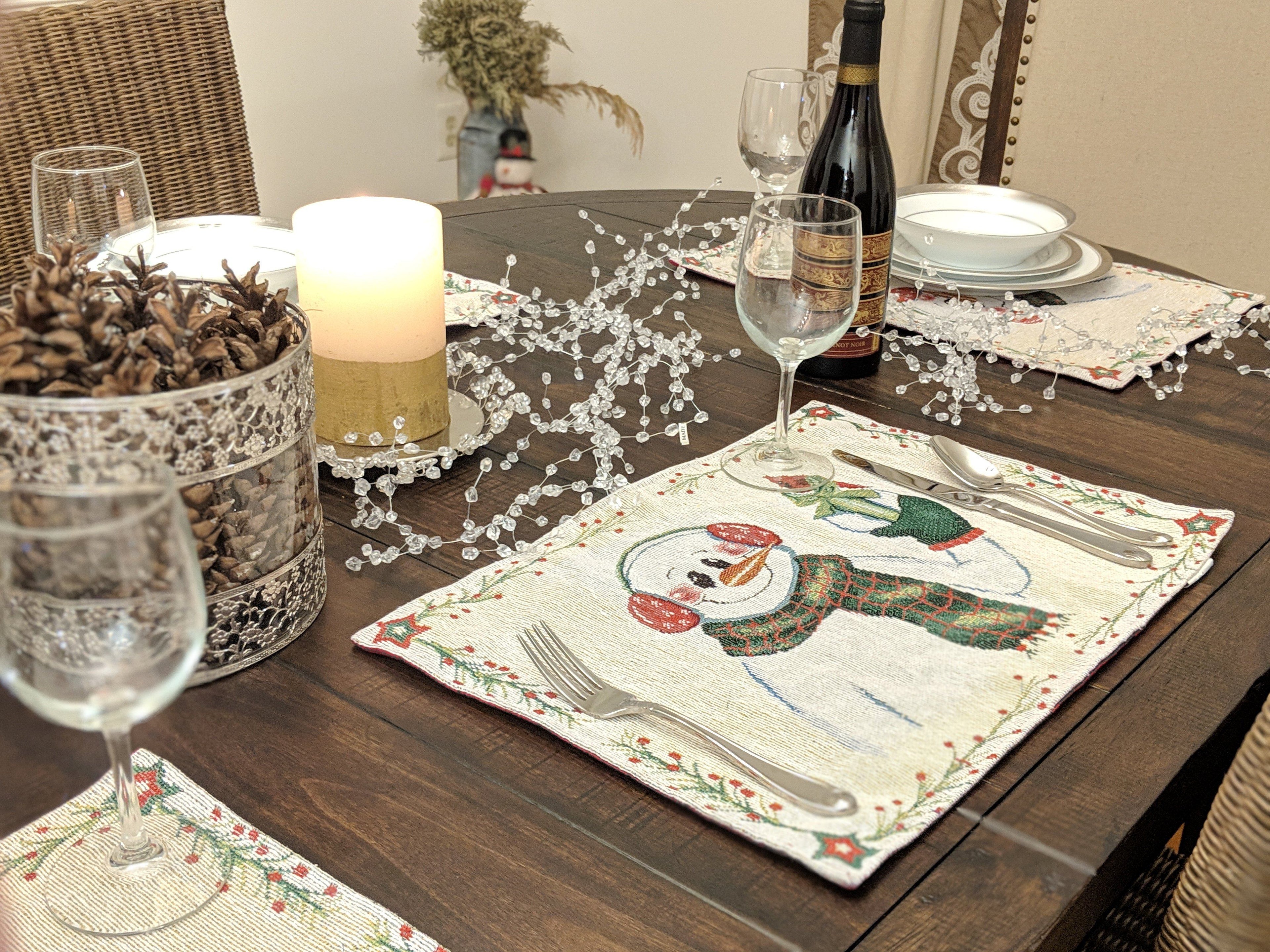 DaDa Bedding Set of 8 Pieces Magical Snowman Holiday Table Tapestry - 4 Placemats, 2 Table Runners, 2 Throw Pillow Covers (9733)