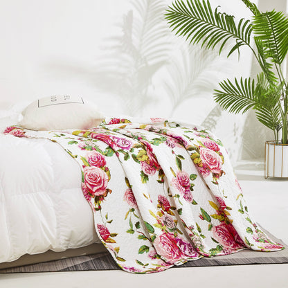 DaDa Bedding Romantic Roses Floral Throw Blanket - Lovely Spring Pink & White Scalloped Colorful Lightweight Breathable - Bright Vibrant Quilted Throw Blanket - 50 x 60
